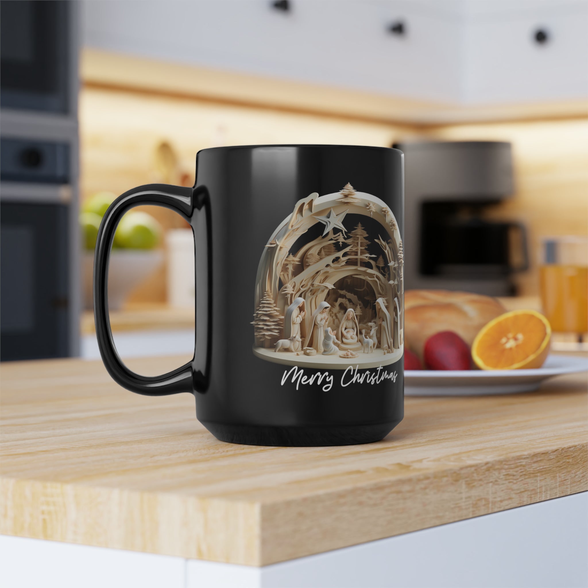 3D Nativity Black Mug, 15oz