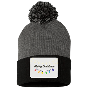 Merry Christmas  Lights-  Pom Pom Knit Cap - Patch