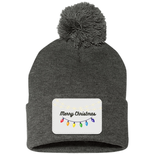 Merry Christmas  Lights-  Pom Pom Knit Cap - Patch