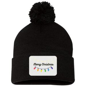 Merry Christmas  Lights-  Pom Pom Knit Cap - Patch