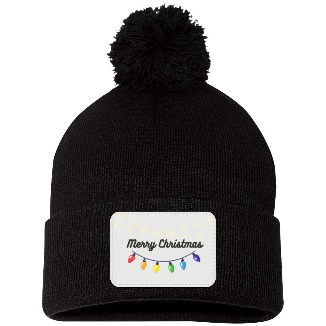 Merry Christmas  Lights-  Pom Pom Knit Cap - Patch