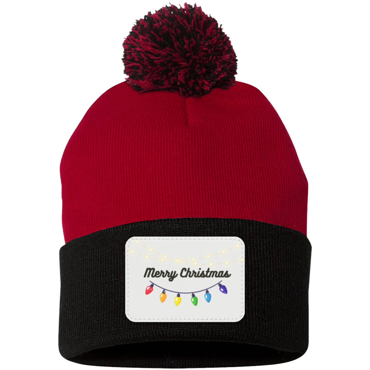 Merry Christmas  Lights-  Pom Pom Knit Cap - Patch