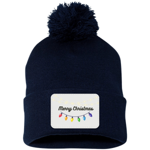 Merry Christmas  Lights-  Pom Pom Knit Cap - Patch