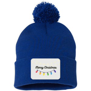 Merry Christmas  Lights-  Pom Pom Knit Cap - Patch