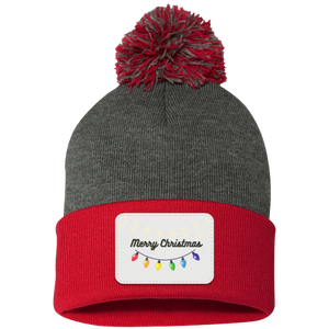 Merry Christmas  Lights-  Pom Pom Knit Cap - Patch